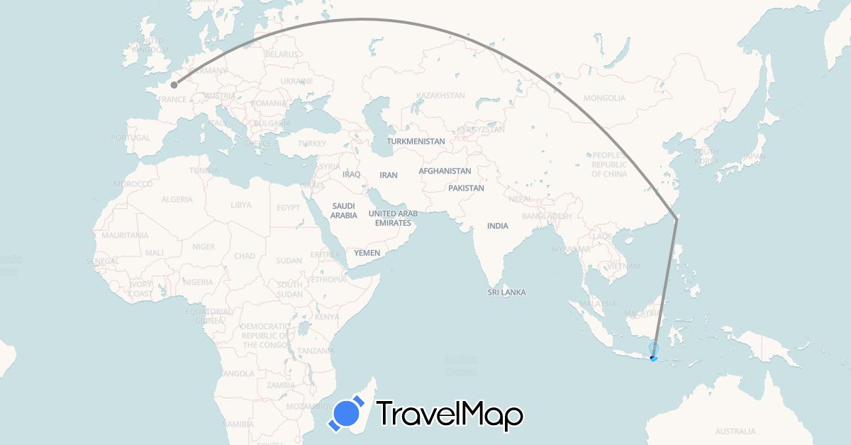 TravelMap itinerary: driving, plane, boat in France, Indonesia, Taiwan (Asia, Europe)